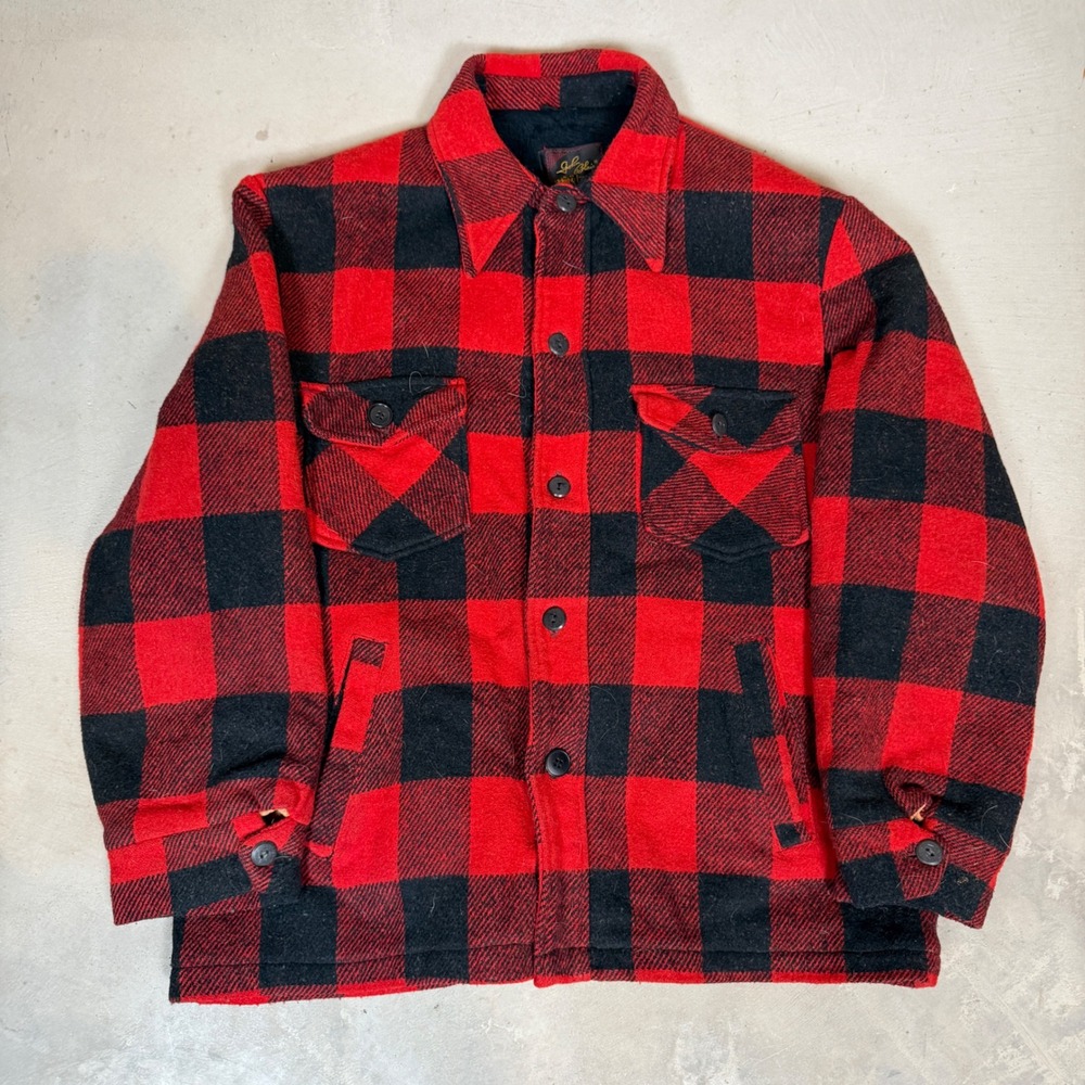 Vintage John Blair Buffalo Plaid Shirt Jacket Red Black Fleece Lined Mens XL